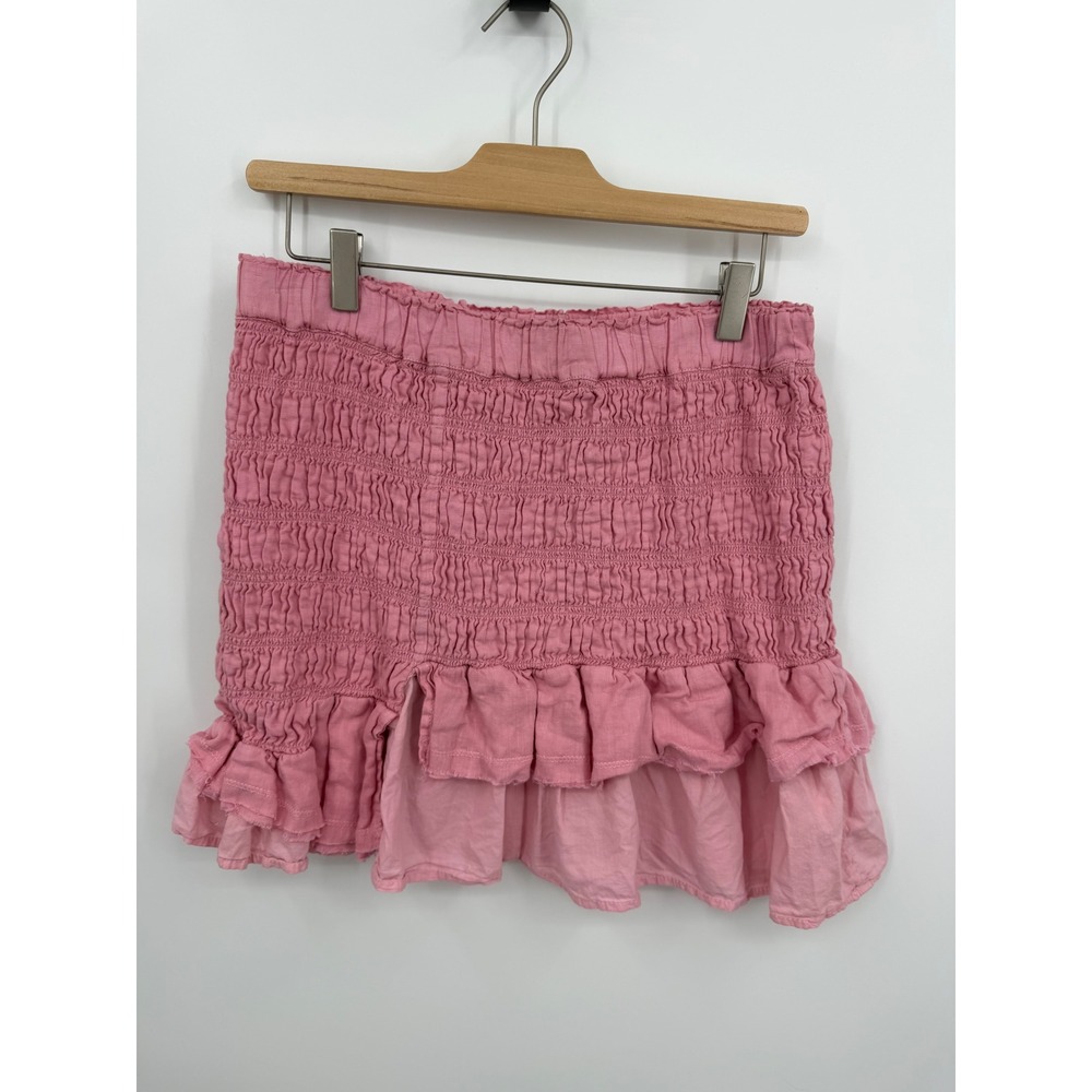Anthropologie ruched Smocked‎ Linen Ruffle Mini Skirt Womens M Pink OB1879386